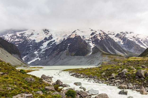 The lake is surrounded by mountains