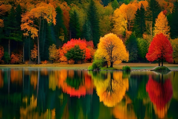 The lake is surrounded by trees and the water is a beautiful reflection of fall colors.