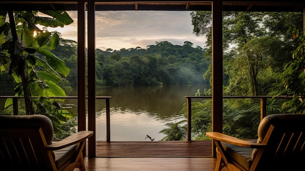 lake and jungle view from wooden house Generative Ai