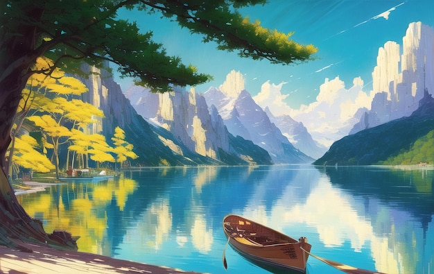 Lake landscape design illustration ai generated for children book stories illustration fairytales