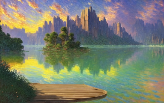 Lake landscape design illustration ai generated for children book stories illustration fairytales