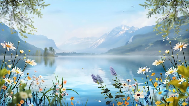 Lake landscape with mountain background and summer flowers