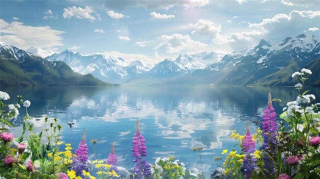 Lake landscape with mountain background and summer flowers