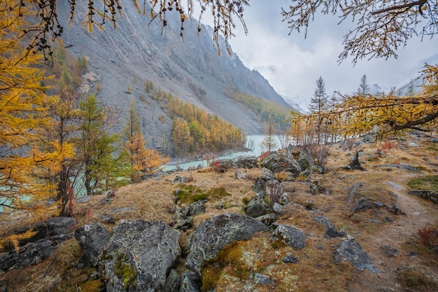 Lake Maashey in autumn Altai Mountains Southern Siberia Russia