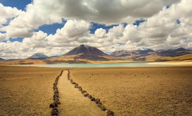 Lake Miscanti and mountain range in the Atacama Desert, Antofagasta region. Chile