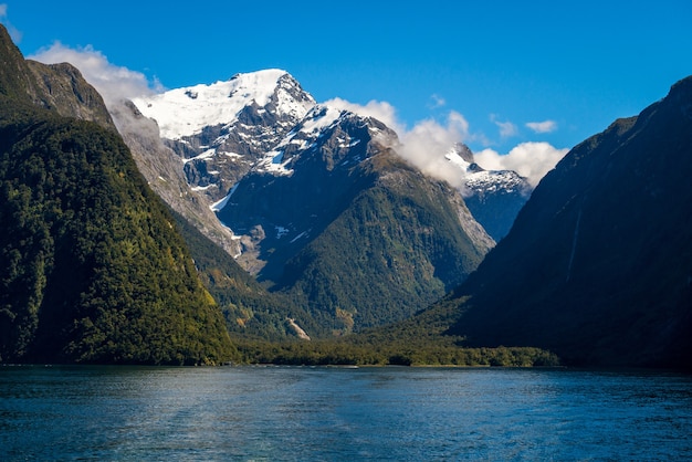 Lake and Mountain Landscape in Milford Sound, New Zealand