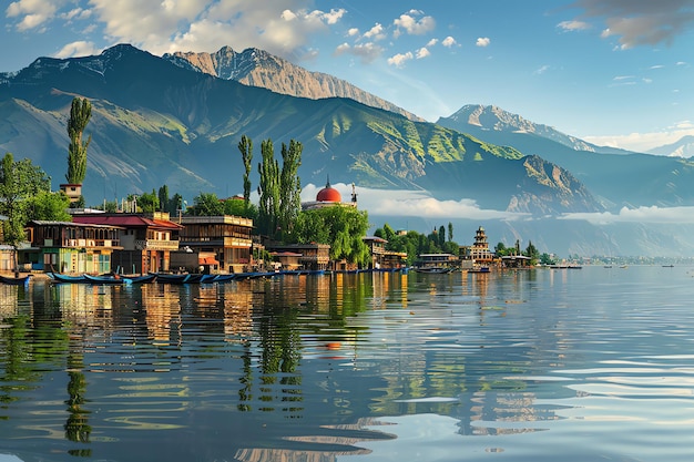 lake and mountain Srinagar Kashmir indian illustration background