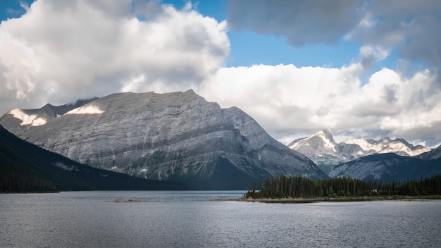 Lake and mountains scene at Upper Kananaskis Lake trail, Alberta, Canada