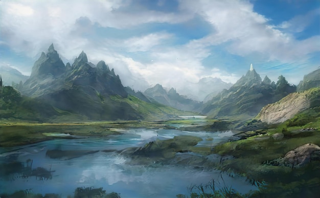 Lake in mountains Streams and rivers flow down slopes of mountains and rocks into the valley Spring in mountains an amazing magical landscape 3d illustration