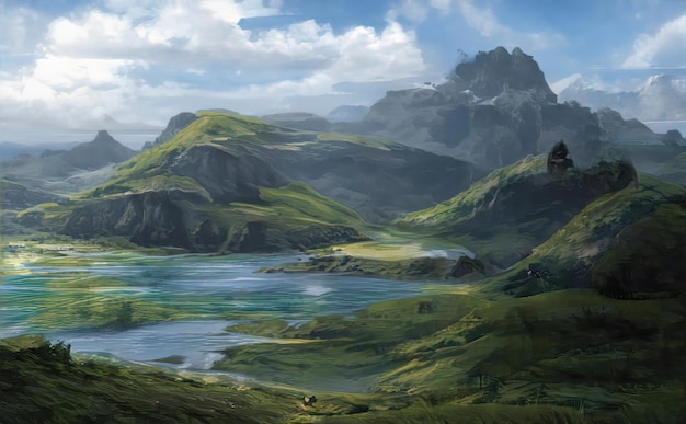 Lake in mountains Streams and rivers flow down slopes of mountains and rocks into the valley Spring in mountains an amazing magical landscape 3d illustration