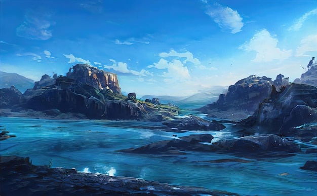 Lake in mountains Streams and rivers flow down slopes of mountains and rocks into the valley Spring in mountains an amazing magical landscape 3d illustration