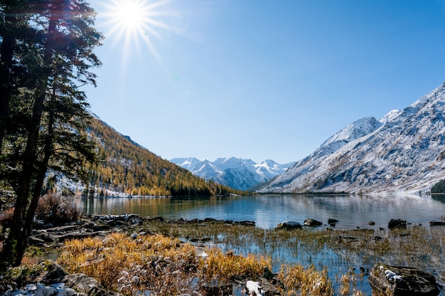 Lake in the mountains. unruffled surface. winter