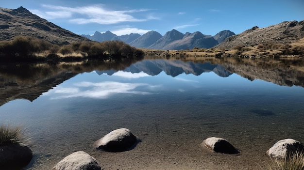 A lake in the mountains with a blue sky and clouds in the background