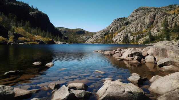 A lake in the mountains with a blue sky and a mountain in the background