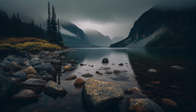 A lake in the mountains with a cloudy sky above it