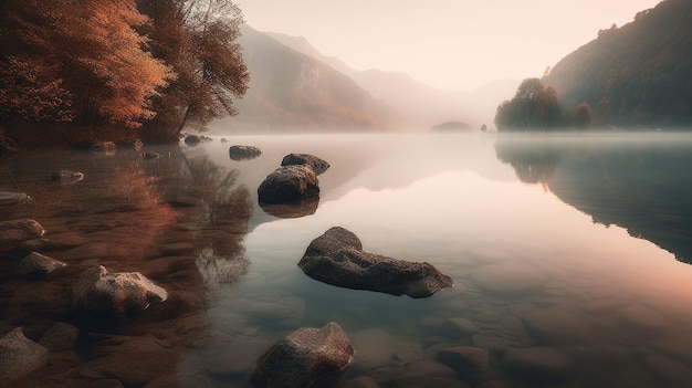 A lake in the mountains with a colorful sky and a lake in the foreground.