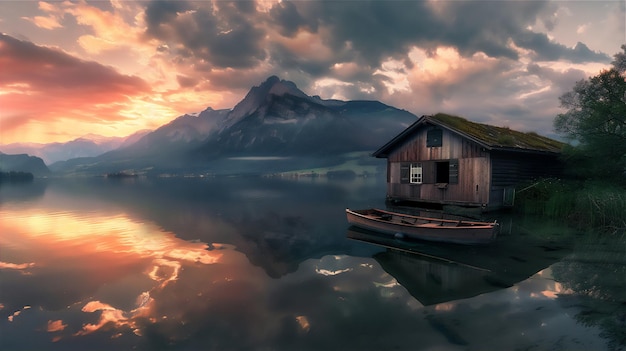 lake in the mountains with floating house at foggy sunrise morning