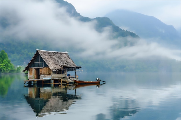 lake in the mountains with floating house at foggy sunrise morning