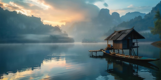 lake in the mountains with floating house at foggy sunrise morning