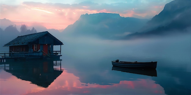 lake in the mountains with floating house at foggy sunrise morning