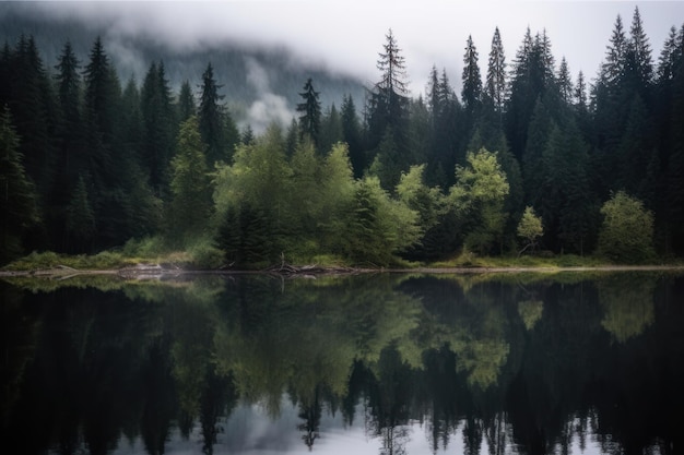 A lake in the mountains with a forest in the background