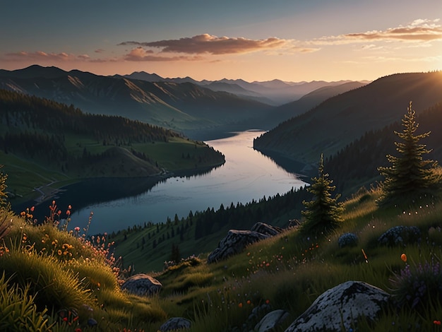 Photo a lake in the mountains with a lake in the background