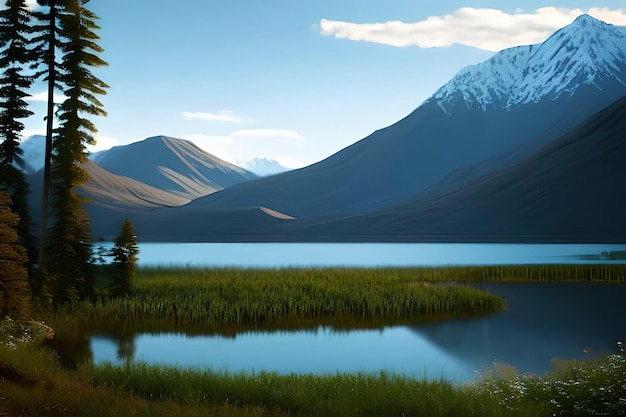 A lake in the mountains with a mountain in the background