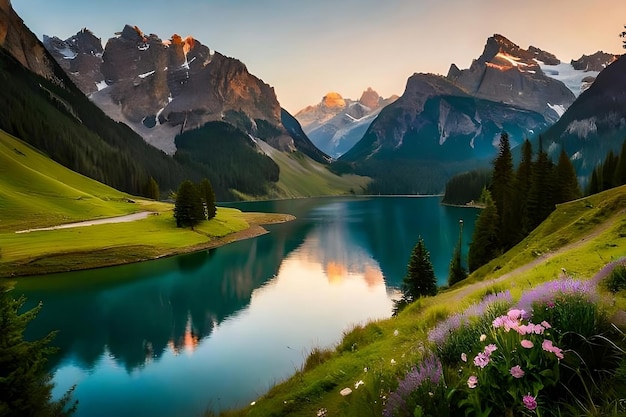 A lake in the mountains with a mountain in the background