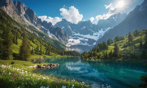 Photo a lake in the mountains with a mountain in the background