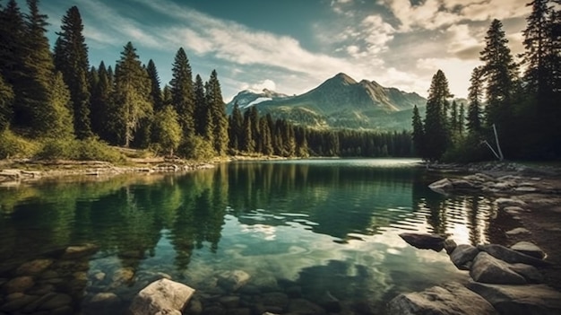 A lake in the mountains with a mountain in the background