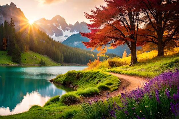 A lake in the mountains with a path leading to the mountains