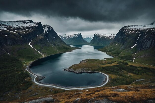 Photo a lake in the mountains with a road leading to the mountains