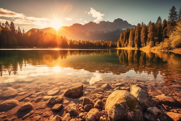 Lake in the mountains with the sun setting behind