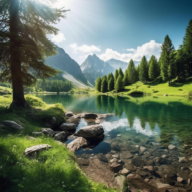 A lake in the mountains with trees and a mountain in the background