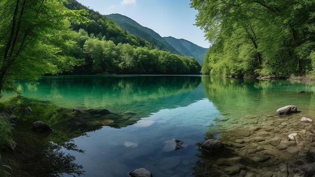 A lake in the mountains with trees and mountains in the background