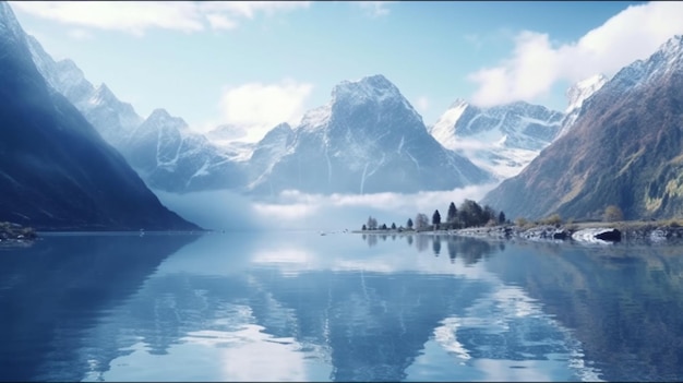 Lake panorama in a foggy morning with glaciers mountains and reflection