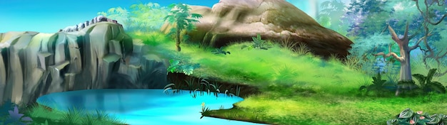 Lake in a rainforest at day illustration