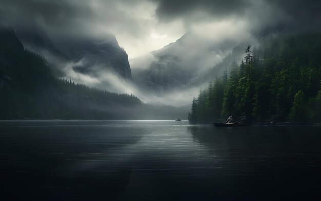 Photo lake reflected in the mountains frostpunk