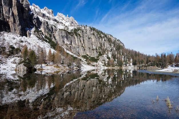 Lake reflection mountain steep snow