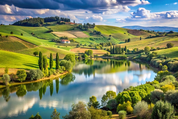 Photo lake and rolling hills via francigena landscape castelfiorentino firenze tuscany italy