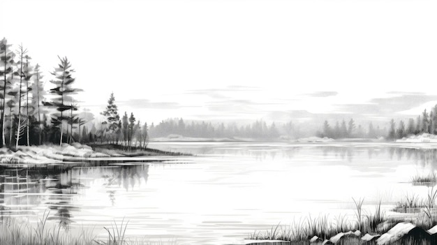 Lake Scene High Detail Black And White Vector Art