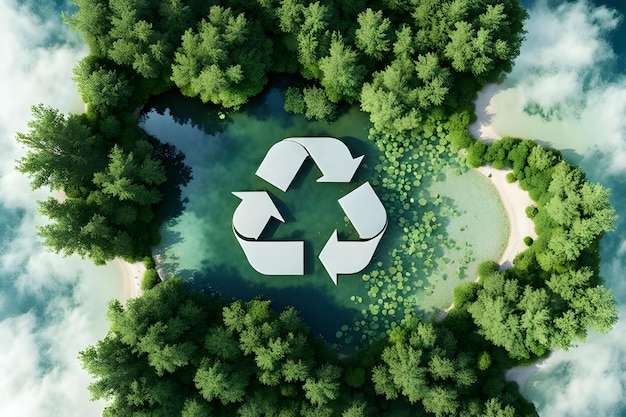 A lake in the shape of a recycling sign in the middle of untouched nature