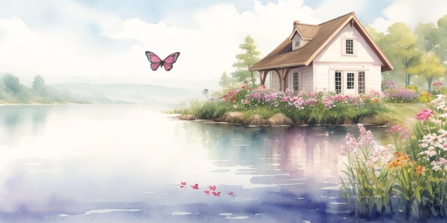 Lake side cottage with butterfly and flowers