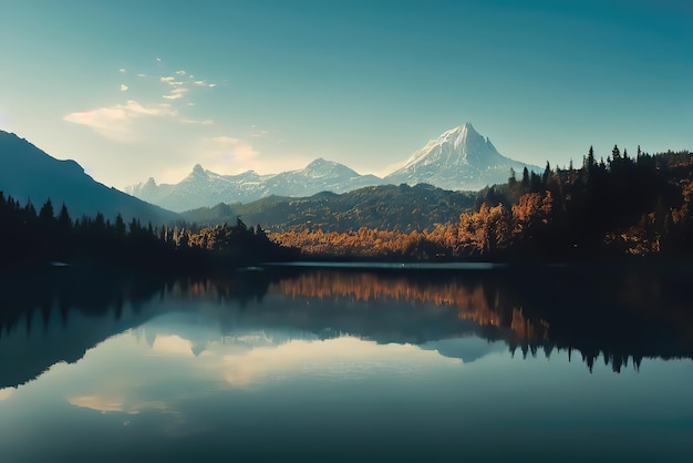 Lake Side view with Trees and mountains in the background