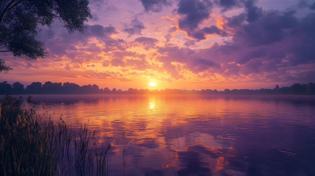 Lake at sunset the orange and purple hues of the sky reflected in the water