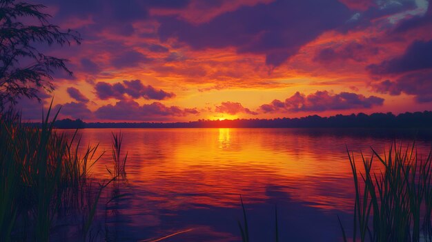 Lake at sunset the orange and purple hues of the sky reflected in the water