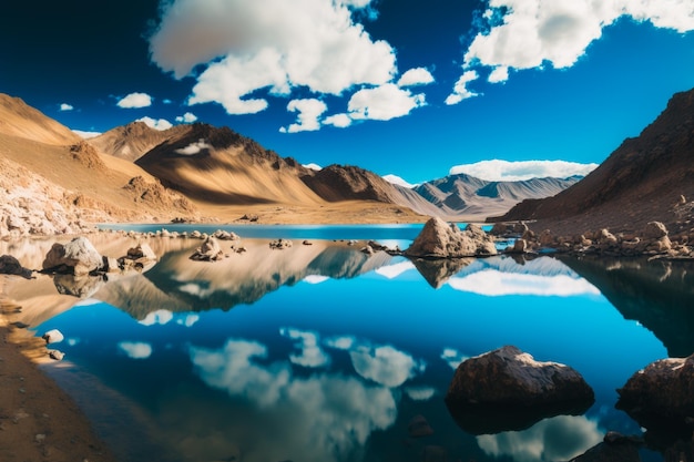 Lake surrounded by mountains and clouds Generative AI