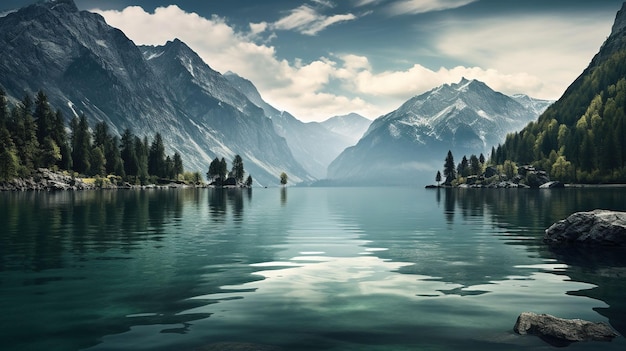 Photo a lake surrounded by mountains