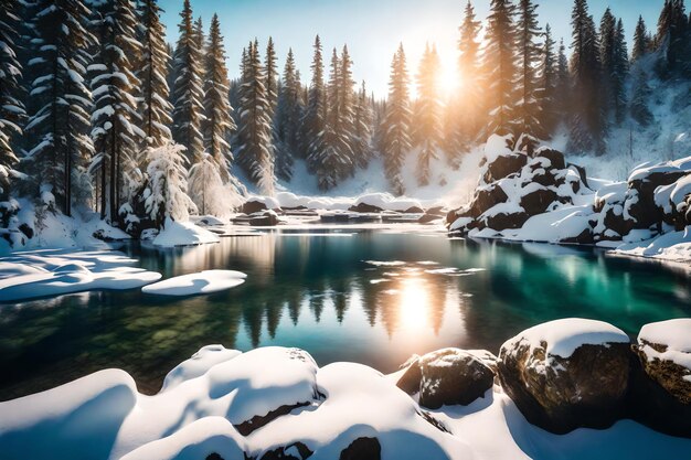 Photo lake surrounded by rocks covered in the snow and forests under the sunlight