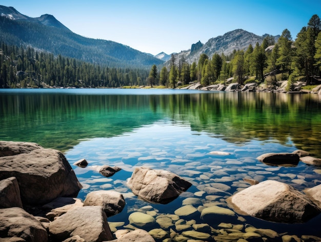 a lake surrounded by rocks and trees